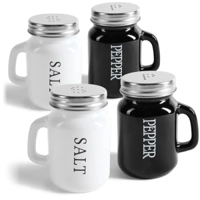 Image of COM FOUR® 4 Piece Salt and Pepper Shaker Set Spice with Screw lid Handle Beer Mug Shaped jar Inscription Modern shakers (4 Parts Glass Black/White)