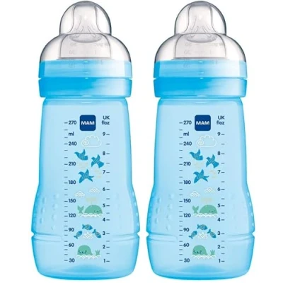 Image of MAM Easy Active Baby Bottle with Medium Flow Teats Size 2, Twin Pack of Bottles, Feeding, 270 ml, Blue (Designs May Vary)