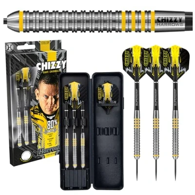 Image of Harrows Dave Chisnall Chizzy 80% Tungsten Steel Tip Darts Set 21g, 22g, 23g &amp; 24g Includes Black Midi Supergrip Shafts, Prime Flights Travel Case (22, Grams)