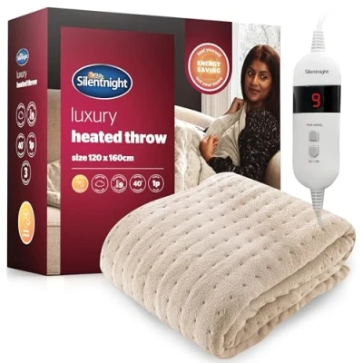 Image of Silentnight Comfort Control Heated Throw Blanket Luxury Fleece Electric Overblanket for Sofa Bed with 9 Heat Settings, Fast up Safety Shut Off Machine Washable 130x160cm Natural