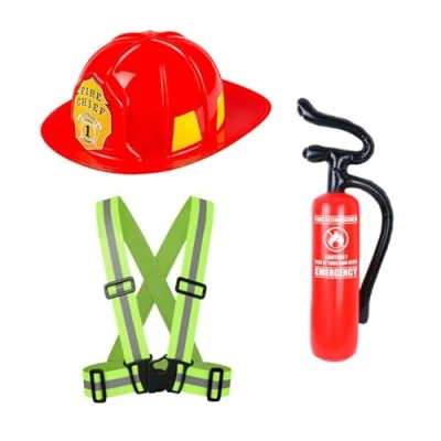 Image of jokeshop 3pc Adults Fireman Set (Red Helmet, High Yellow Vis Braces &amp; Inflatable Fire Extinguisher) Firefighter Chief Hat Unisex Fancy Dress Emergency Services