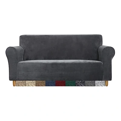 Image of CMAKER Velvet Sofa Covers Couch Cover 2 Seater Stretch with Non Slip Elastic Bottom Furniture Protector Slipcovers for Pets(2 Seater,Dark Gray)