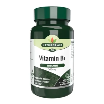 Image of Natures Aid Vitamin B1 Thiamin, 100 mg, 90 Tablets (Contributes to Normal Functioning of the Nervous System, Made in UK, Vegan Society Approved)