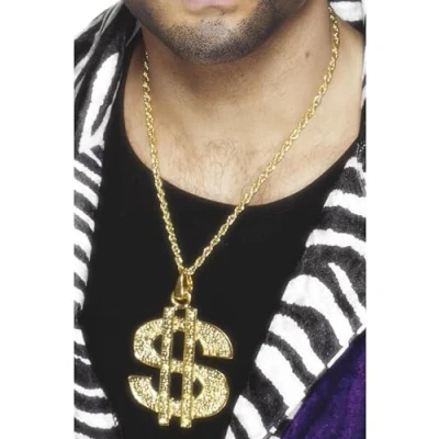 Image of Smiffys Dollar Sign Medallion, Gold on Chain, 1970&#039;s Disco Fancy Dress, 1970s Dress Up Jewellery