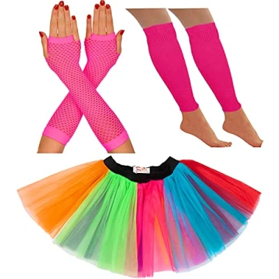 Image of 80s Fancy Dress for Women Neon tutu Skirt costume Party Accessories 1980s Costumes Leg Warmers Fishnet Gloves Rave Retro Outfit (14 22 UK, Rainbow)
