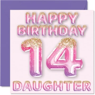 Image of 14th Birthday Card for Daughter Pink &amp; Purple Glitter Balloons Happy Cards 14 Year Old from Mum Dad Parents, 145mm x Bday Greeting Gift
