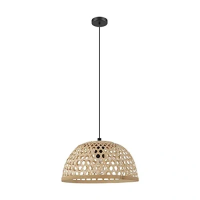 Image of EGLO Claverdon Pendant Light, 1 Bulb Lamp, Vintage, Natural, Boho, Hygge, Light Made of Steel, Wood in Black, Natural Colours, Dining Table Living Room Lamp Hanging with E27