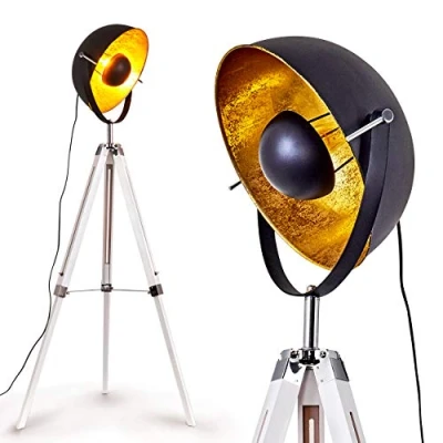 Image of Floor lamp Jupiter, Vintage in Black/Gold Made of Metal, Frame Wood White, Ø 45cm, E27 socket, Adjustable Light Retro Design, Without Bulbs