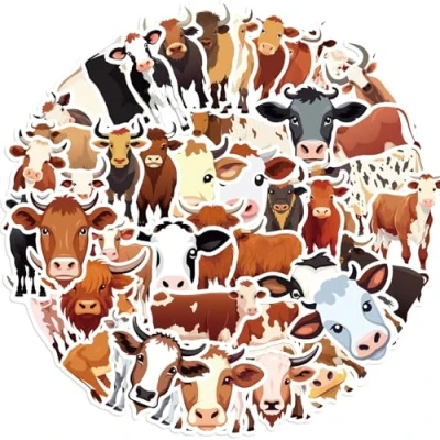 Image of 50 Pcs Cartoon Cow Stickers for Kids Teens Adults Boys Girls Gift,Cow Pack Laptop,Skateboard,Luggage,Car,Bike, Cup,Computer,Water Bottle Decor,Vinyl Waterproof Sticker Decals
