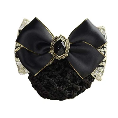 Image of 1Pcs Rhinestone Satin Ribbon Bow Barrette Bowknot Snood Net Hair Clip Bun Cover Hairnet Decor French Women Girls Accessories