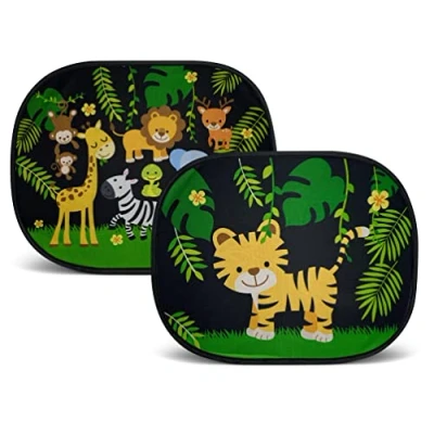 Image of HECKBO 2x car sun visor with 8 suction cups Jungle animals 44x36cm window side sunshade for baby kids girls boys incl. Bag