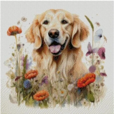 Image of Dog in Flowers (1) Counted Cross Stitch Kits,100% Cotton,150x150 Stitch,26x26 cm Dogs