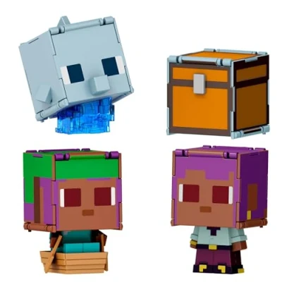 Image of Mattel Minecraft Flippin’ Figs 2 Pack, Action Figures in 3.75 inch Scale with Large Heads &amp; 1 Fidget Play, Efe / Sailboat Dolphin Treasure Chest, JCY31
