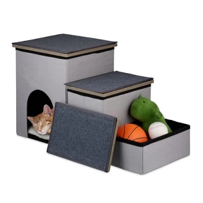 Image of Relaxdays Dog Stairs with 3 Steps, Den &amp; Storage, for Cats Pets, HWD: 41.5 x 72 33 cm, Bed Sofa, Folding, Grey, Polyester, Fibreboard