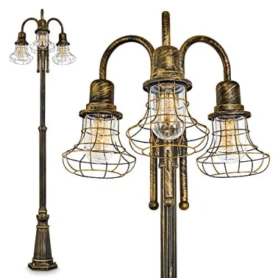 Image of Outdoor lamp Borkan, candelabra in antique look, cast aluminium brown/gold with clear glass panes, 3 arm pathway 210 cm, retro/vintage garden lamp, x E27 socket, IP44, bulbs not included