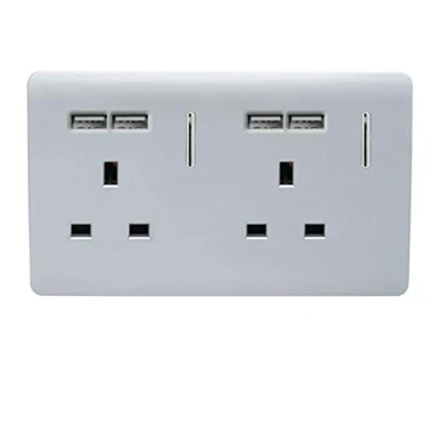 Image of Trendi 2 Gang Artistic Modern Glossy 13 Amp Short USB Switched Plug Socket Silver ART SKT213USBSI