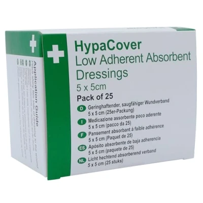 Image of Safety First Aid Group HypaCover Low Adherent Dressing Pads for Wounds Absorbent Dressing, 5x5cm (Pack of 25)