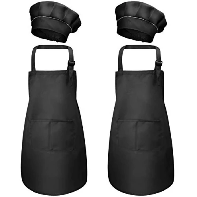 Image of 4 Pcs Black Kids Apron and Chef Hat Set, Adjustable Children Aprons with Pockets for Boys Girls, Kitchen Garden Bib Aprons, Toddler Baking Cooking Crafting Painting (M 3 6 Age)