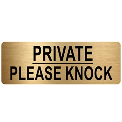 Image of METAL Private Please Knock Sign TEXT ONLY Brushed Gold Aluminium Safety Security Door Notice Office Shop Warehouse School Cafe