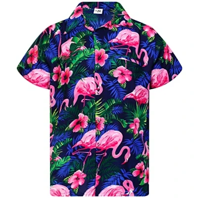 Image of King Kameha Mens Flamingo Flowers Short Sleeve Hawaiian Shirt Novelty Summer Vibes, Flowers, Navy Blue Pink, L