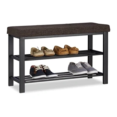 Image of Relaxdays Shoe Storage Bench, Fabric Cover, Comfortable Seat Pad, 2 Tiers for Shoes, Metal, HWD: 50x81x32 cm, Brown