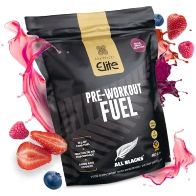 Image of Healthspan Elite All Blacks Pre Workout Fuel (480g) 25g of Carbohydrate Per Serving Creatine to Aid Performance Vegan (480g, Berry)