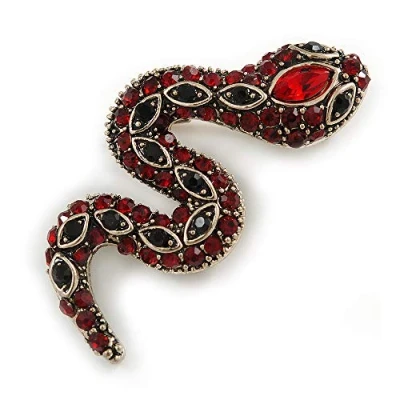 Image of Avalaya Small Red/Black Crystal Snake Brooch in Aged Gold Tone Metal 40mm Long