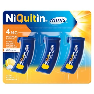 Image of NiQuitin 4mg Minis Citrus Lozenges Flavour (3 x Pack of 20 Nicotine Lozenges) Smoking Craving Relief in Just 3 Minutes* On The Go Oral Stop Aid Pocket Sized Containers.