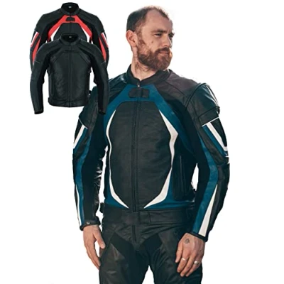 Image of Texpeed Mens Leather Motorcycle Jacket Perforated Racing Motorbike Suit Top With Genuine Biker CE Armour (EN 1621 1) Protection Blue M