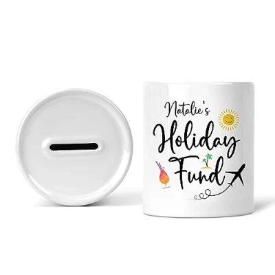 Image of Rib Ticklerz Personalised Money Box Holiday Fund Piggy Bank Savings Jar Travel Travelling Saving Pot Novelty Gift Birthday Present Colleague Secret Santa MB9
