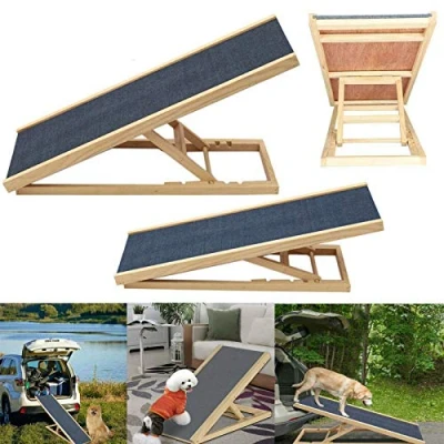 Image of Folding Dog Pet Ladder Vehicle Ramp w/Anti slip Carpet, Solid Wooden for Medium/Large Dog, Lightweight Portable Cars Sofa Bed, Adjustable 4 Heights, 100CM Length