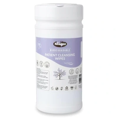 Image of Nilaqua Patient Cleansing Wipes for Adults &amp; Elderly, Large Wet Full Body No Show Required, Biodegradable Bamboo, Canister of 100 Wipes, 200mm x