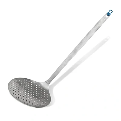 Image of Tasty Skimmer Spoon, Stainless Steel Slotted Strainer Ladle with Modern Handle and Silicone Loop, Dishwasher Safe, Dimensions: 31x9.5cm, Colours: Silver &amp; Blue