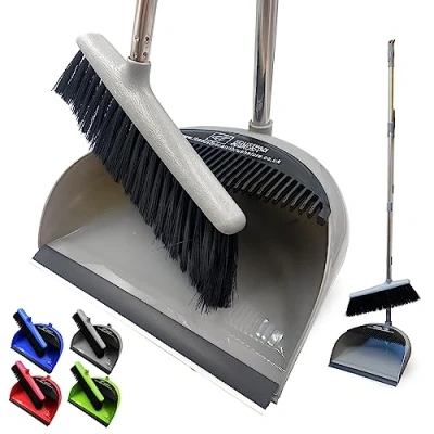 Image of Long Handled Dustpan and Brush Set Lobby Dust Pan with Handle Sweeping Broom (Grey/Silver)