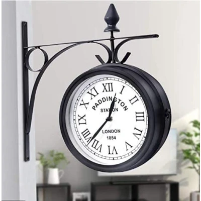 Image of GCCSSBXF Waterproof Retro Stand Clock Double Sided Wall Clock, Vintage Antique Look Paddington Station Indoor/Outdoor Garden Clocks with Hanging Bracket