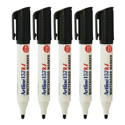 Image of artline 157ri Whiteboard Marker Pens, BLACK, Bold Point (2.0mm), Pack of 5, Easy Wipe Dry Erase Refillable, School Office Everyday Use