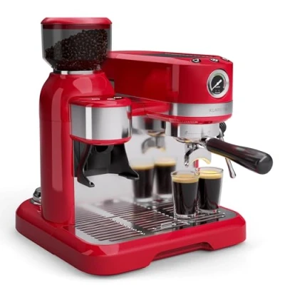 Image of KLARSTEIN Bella Café Espresso Machine 19 Bar, 1550W, Built in Grinder, Milk Frother, 1.4L Water Tank, Thermo Block Heating, 2 Cup Inserts, Retro Design