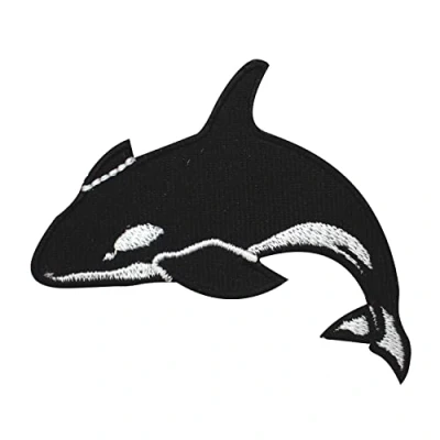 Image of Black Whale Fish Patch Iron on Rhymes Embroidered Sew Badge for Clothes etc. 7x5cm
