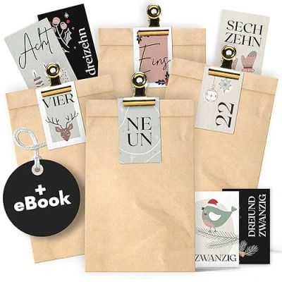 Image of AMARI ® Advent calendar to fill Hygge Pastell 24 bags diy (with cards) Paper with numbers sticker Christmas parcel stick on yourself