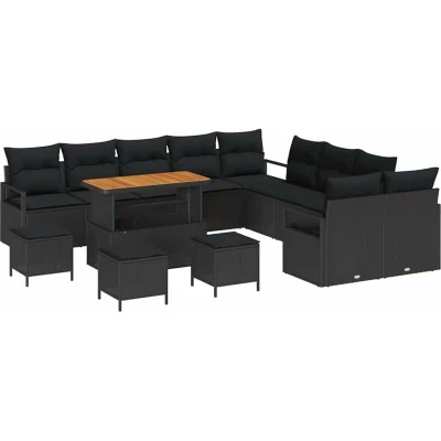 Image of vidaXL 14 Piece Garden Sofa Set with Cushions Black Poly Rattan Acacia