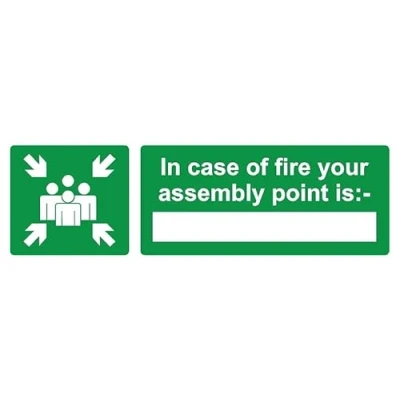Image of in case of fire Your Assembly Point is Safety Sign (L) Self Adhesive Sticker (300mm x 100mm)