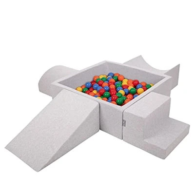 Image of KiddyMoon Foam Playground For Kids With Square Ballpit (300 Balls ∅ 7Cm/2.75In) Soft Obstacles Course And Ball Pool Made In EU, Lightgrey:Yellow/Green/Blue/Red/Orange