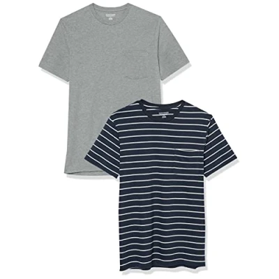 Image of Amazon Essentials Men&#039;s T Shirt Slim Fit Short Sleeved Crewneck Pocket, Pack of 2, Grey Heather/Navy Stripes, XS