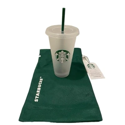 Image of STARBUCKS 1 Pack Bundle Gift Bag and Reusable Frosted 24 oz Cold Cup with Lid Green Straw w/Stopper
