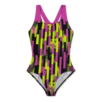 Image of Speedo Girls Digital Allover Splashback Swimsuit for kids, Size: 13 14y, Black/kiki pink/lemon drizzle