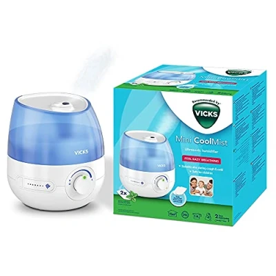 Image of Vicks Mini Cool Mist Ultrasonic Air Humidifier, 1.8L Tank, for Bedrooms, Offices, Baby Rooms up to 15m², Quiet, Essential Oil Tablets Included VUL525