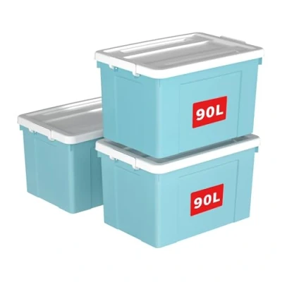 Image of Cetomo 90L*3 Storage Boxes, Plastic Box with Lids, Organizing Container Secure Latching Buckles, Stackable, Nestable, Tote Bin for Home Office Clothes, 90L 3Pack, Blue