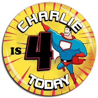 Image of Large 75mm Personalised Superhero Happy Birthday Badge N79 18th 21st 30th 40th 50th Any Age Girls Boys Childrens