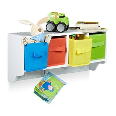 Image of Relaxdays ALBUS Kids&#039; Wall Storage Unit, Shelf with 4 Garment Hooks, Children&#039;s Wardrobe Colourful Folding Boxes, Size: ca 28 x 61 16 cm, White