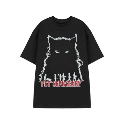 Image of Vanilla Underground Pet Sematary Unisex Black Short Sleeved Cat Graphic Tee Stephen King Horror Movie T Shirt Creepy Cemetery Design Men Women Kids Retro Merchandise Gift